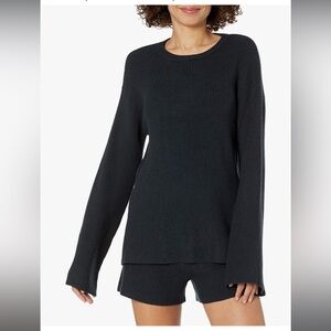 The Drop Alice Crewneck Back Slit Ribbed Pullover Sweater Black